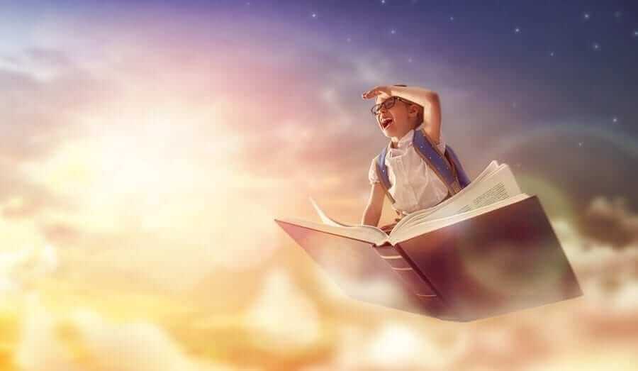School Child sitting on book that's flying through the cloudy sky