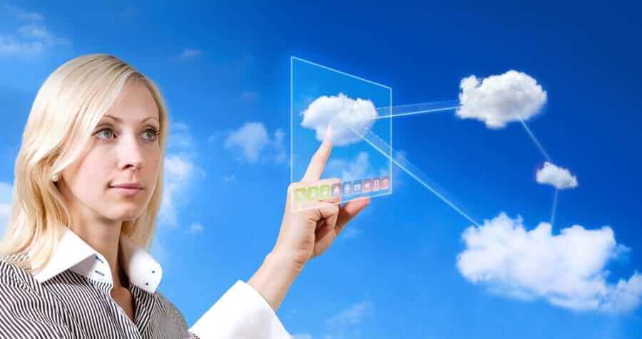 Business woman poking a cloud symbol