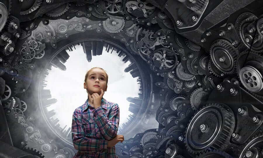 Young girl with pondering look on her face surrounded by mechanical gears